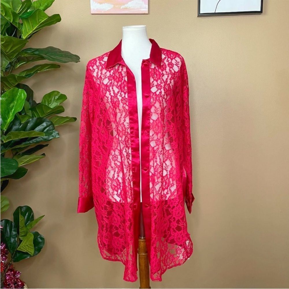 Victoria's Secret Red Lace Button Down Top Satin Night Dress Size M/L Vintage
